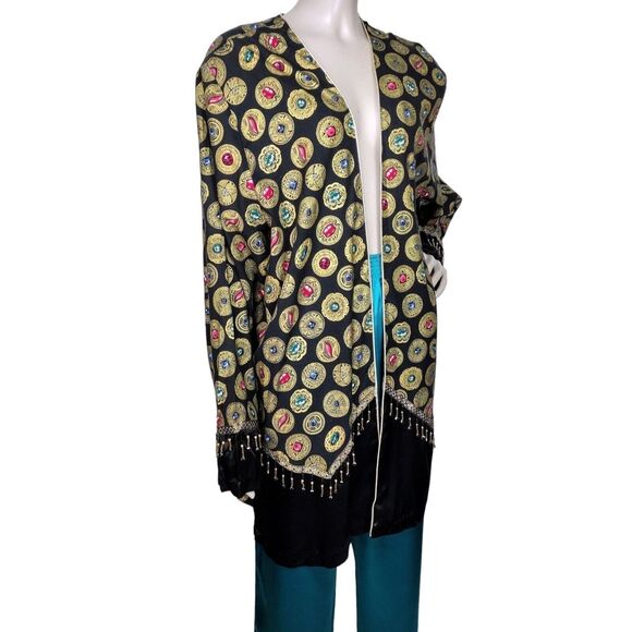 Vintage 80s Open Front Metallic Gold Jewel Coin Print Beaded Long Duster Jacket - Picture 1 of 11